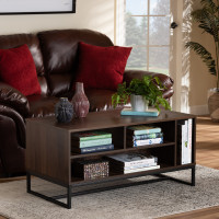 Baxton Studio CT8006-Walnut-CT Baxton Studio Flannery Modern and Contemporary Walnut Brown Finished Wood and Black Finished Metal Coffee Table